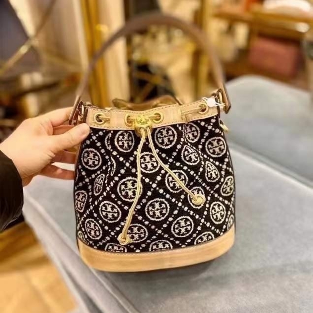 Tory Burch T Monogram Black and Beige Bucket Bag